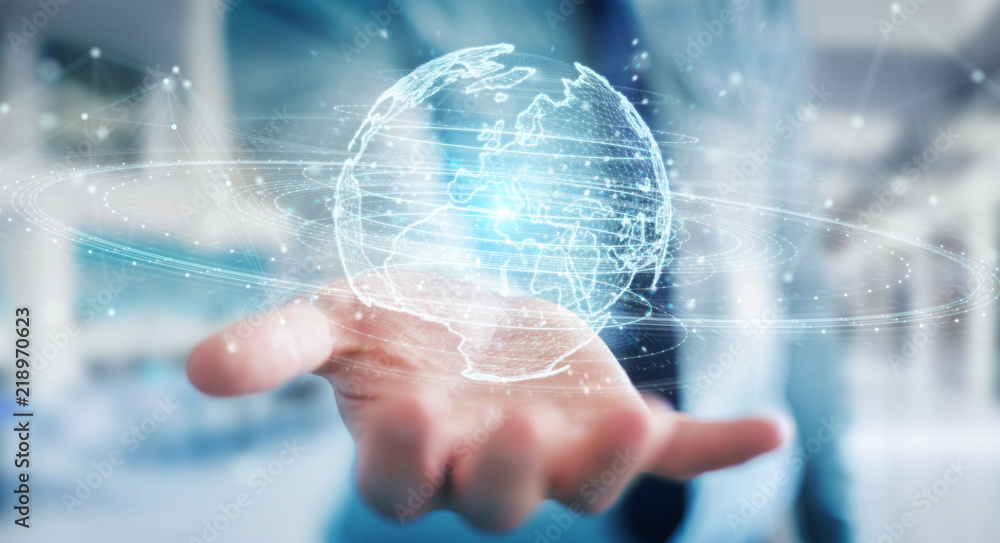 Poster businessman using globe network hologram with europe map 3d rendering