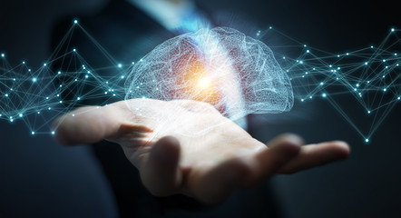 Businessman using digital x-ray human brain interface 3D rendering