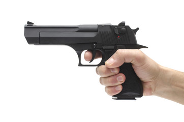 Gun, pistol in hand isolated on white