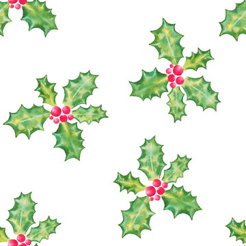 Holly branch with berries for Christmas holiday season on white background seamless pattern, watercolor illustration