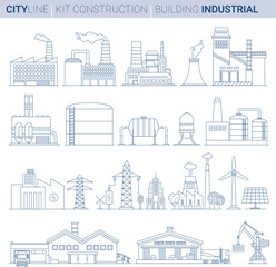 Line Vector Illustration Set. Industrial Buildings