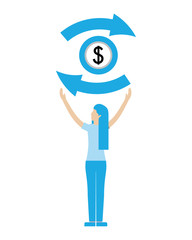 young woman with coin dollar and arrows