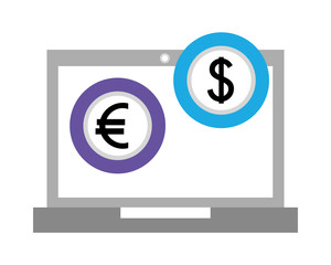 laptop computer with euro and dollar