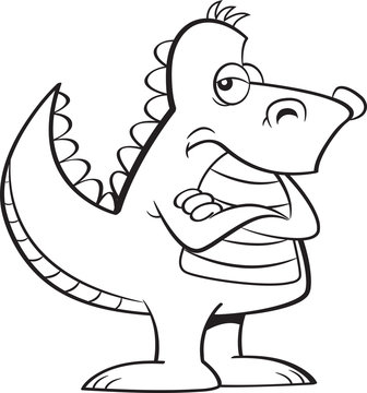 recommend clip art: Black and white illustration of an angry dinosaur with his arms crossed.