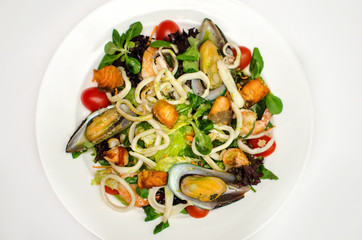 delicious seafood salad. squid rings, mussels, shrimps with fresh vegetables on a white plate. the menu of sea restaurant.