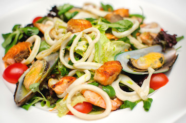 sea salad of fresh vegetables and mussels. seafood salad in the restaurant menu. squid rings, oysters, prawns and cherry tomatoes