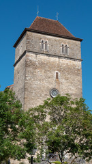 Fototapeta na wymiar view of church of Salies-de-Bearn village in the French Pyrenees