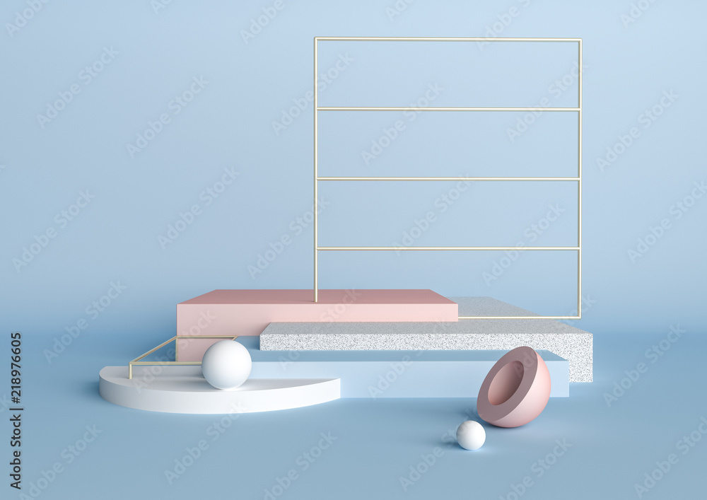 Poster 3d rendering abstract composition. geometric shapes on blue background for product presentation or m