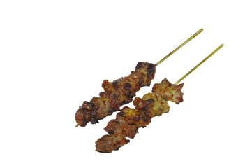 roasted pork neck stabbing in wooden stick on white background