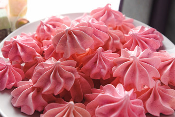 luxury delicious pink bizets at birthday celebration, delight dessert, catering party in a restaurant