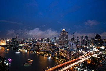 Fototapeta na wymiar Aerial view landscape of River in Bangkok city at night time