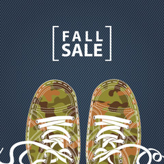 Vector banner with words Fall sale and camo shoes on denim background. Can be used for flyers, banners or posters