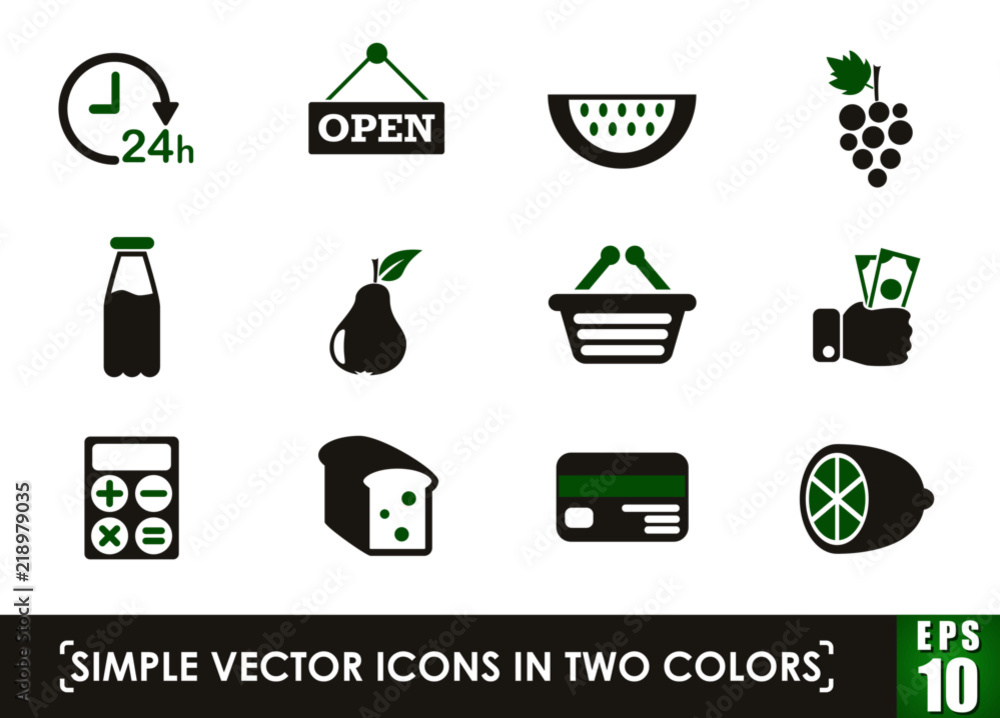 Poster grocery store simple vector icons in two colors