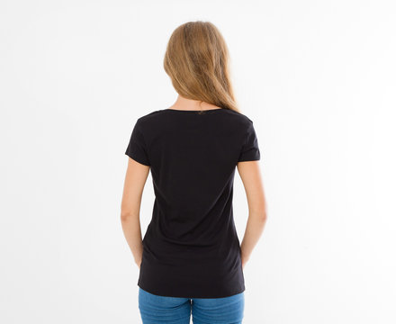 Front and back views of young caucasian girl woman in black stylish t-shirt on white background. Mock up for design. Copy space. Template. Blank