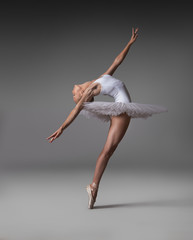 Ballerina in a tutu and pointe shoes makes a beautiful pose