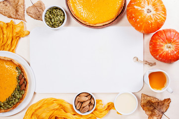 Background with fresh homemade pumpkin pies