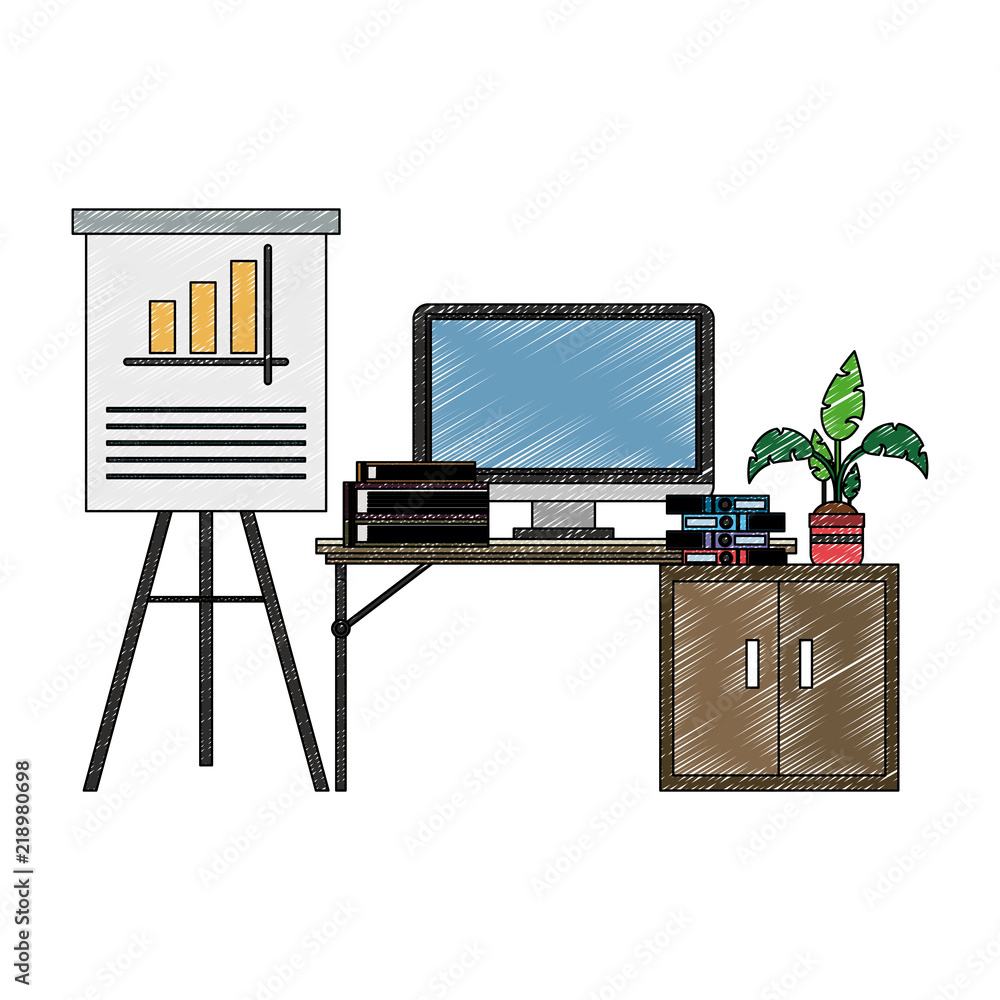 Poster office with computer and elements vector illustration graphic design