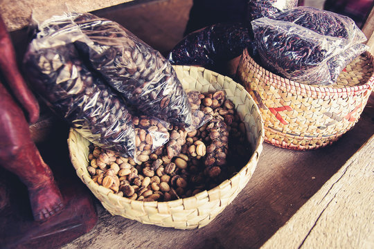 Kopi luwak or civet coffee, Coffee beans excreted by the civet.The famous coffee kopi luwak in Bali, Indonesia. One of the steps of   preparing of the most expensive coffee in the world.