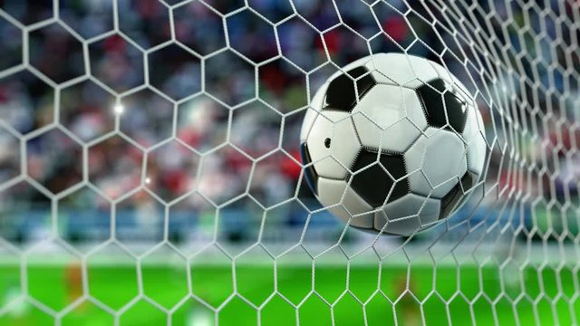 Beautiful Soccer Ball flies into Goal Net in Slow Motion. Football 3d animation 4k