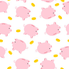 Piggy Bank and coins in white Seamless background. 