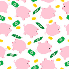 Seamless Pattern of Piggy Bank Savings and Gold Coin. Piggy money bank funny cartoon vector seamless pattern