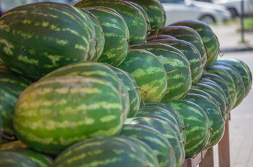 fresh, ripe watermelons lying on the counter