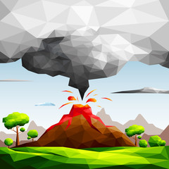 Landscape of volcanic eruption with lava flowing and ash cloud in green fields among trees-Natural disaster concept.Polygonal style-Eps10 Vector Illustration.