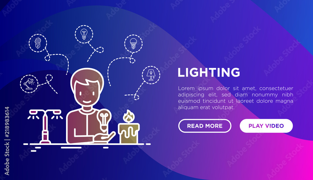Poster lighting concept: man starting to use light bulb instead of candle. thin line icons, led, cfl, table
