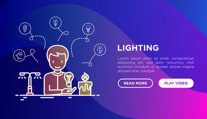 Lighting concept: man starting to use light bulb instead of candle. Thin line icons, LED, CFL, table lamp, lamp post. Modern vector illustration, web page template on gradient background.