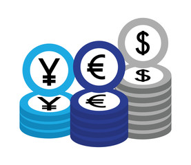 dollar euro and yen coins
