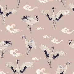 Behang naadloos patroon met Japanse kraanvogels © Hmarka