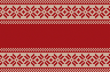 Knitted pattern on a red background. Ornament. Seamless border. It can be used as a Christmas background. Vector illustration.
