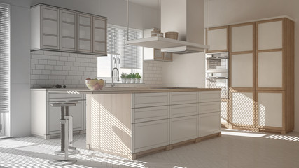 Unfinished project of modern wooden and white kitchen with island, stools and windows, parquet herringbone floor