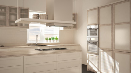 Modern wooden and white kitchen with island, parquet herringbone floor, architecture minimalistic interior design