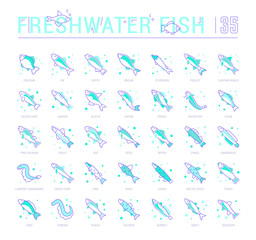 Set Blue Line Icons of Freshwater Fish