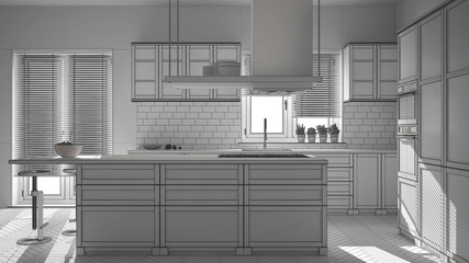 Unfinished project of modern wooden and white kitchen with island, stools and windows, parquet herringbone floor
