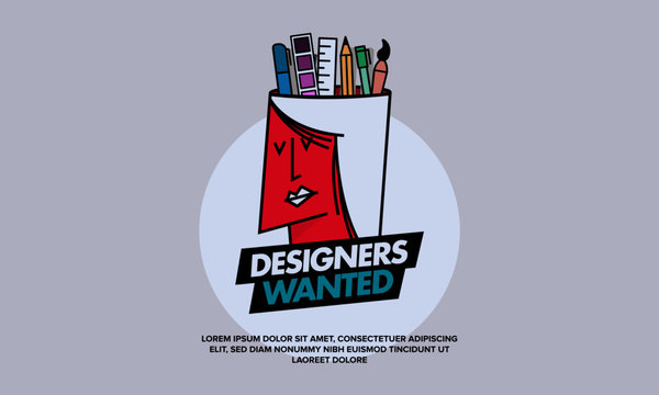 We are Hiring Designers/Creative People/Interns/Young Designers. Vector illustration of a designer and his creative tools—pencil, brush, marker, ruler, colour palette