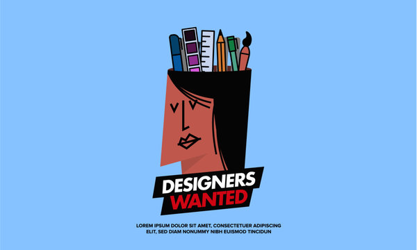 We are Hiring Designers/Creative People/Interns/Young Designers. Vector illustration of a designer and his creative tools—pencil, brush, marker, ruler, colour palette