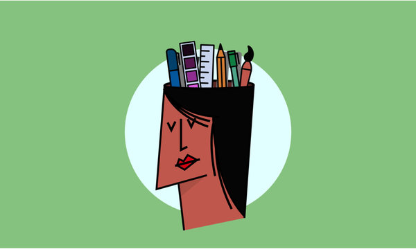 We are Hiring Designers/Creative People/Interns/Young Designers. Vector illustration of a designer and his creative tools—pencil, brush, marker, ruler, colour palette