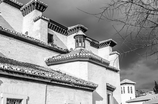 Black and white image of a church in Granada, Spain