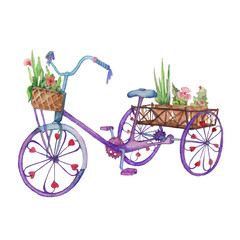 Fototapeta na wymiar Watercolor work bike decorated with flowers