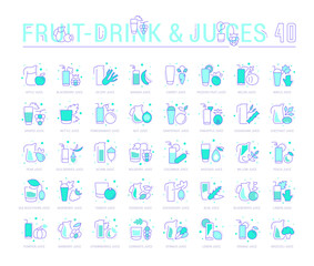 Set Blue Line Icons of Fruit and Vegetable Juices