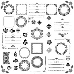 Vintage set of horizontal, square and round elements. Different elements for decoration design, frames, cards, menus, backgrounds and monograms. Classic patterns. Set of vintage monochrome patterns