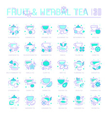 Set Blue Line Icons of Fruit and Herbal Tea