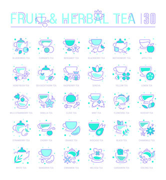 Set Blue Line Icons of Fruit and Herbal Tea