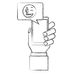 hand with smartphone chatting winking emoji vector illustration hand drawing