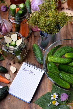 Process of cooking pickled cucumbers with garlic and spices. Making up a recipe