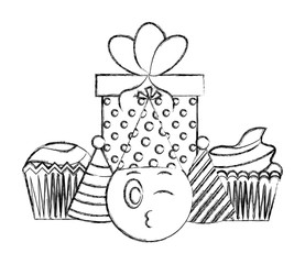 birthday emoji face cupcake party hat gift celebration vector illustration hand drawing