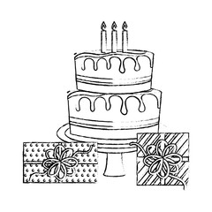birthday big cake with candles and gift boxes celebration vector illustration hand drawing