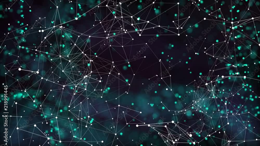 Poster rotation around a cluster of particles. network operation. color gradient. seamless loop.